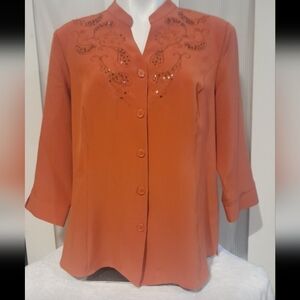 Kathy Che- Women's Orange Embroidered Blouse, Size 14
